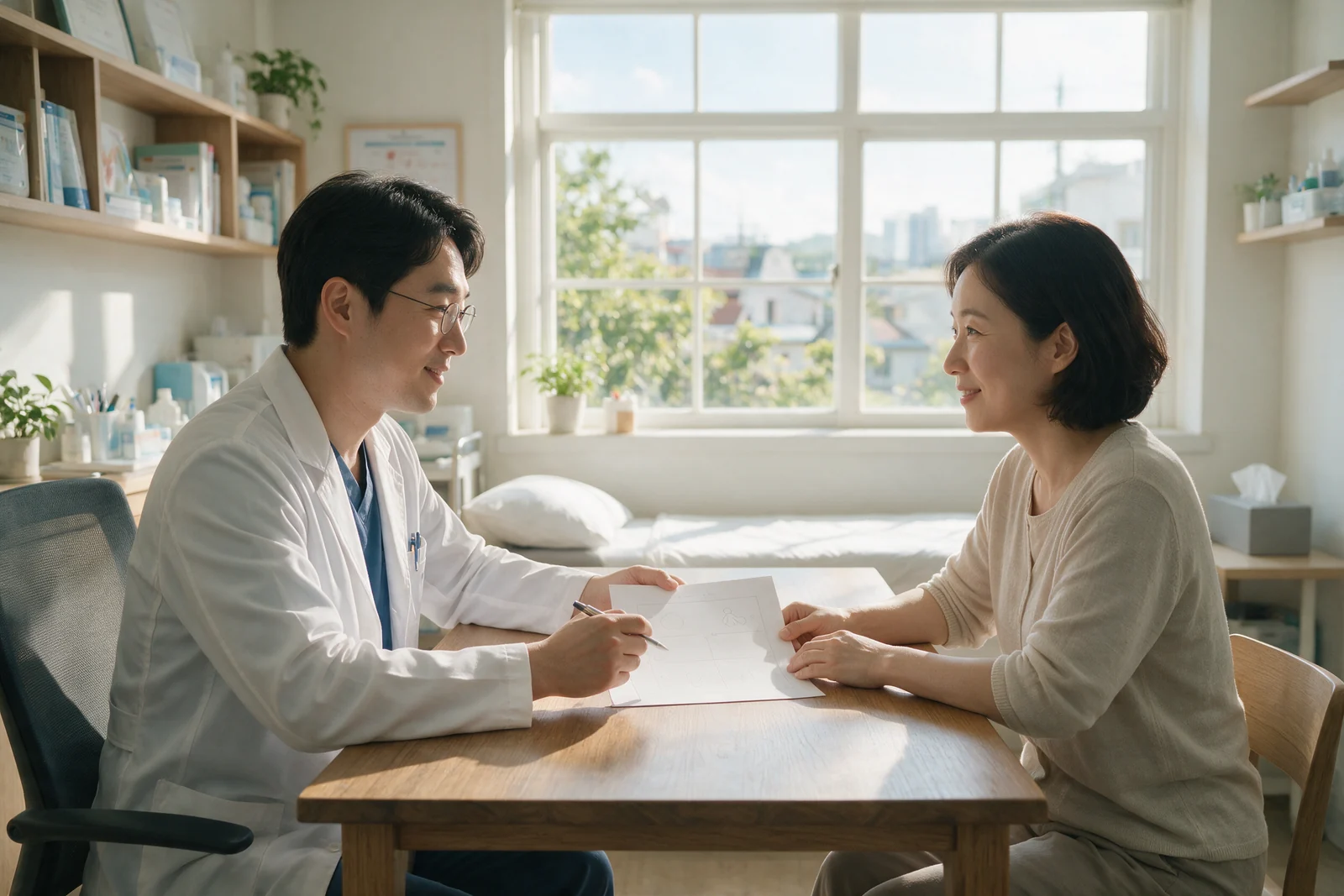 의료진과 방문자가 생활 기록을 함께 살피는 장면