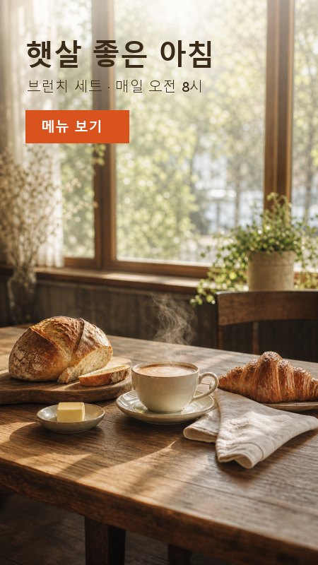 세로 화면 전용 구도. 음식이 모두 보이고 위쪽에 제목과 버튼이 들어가 있다