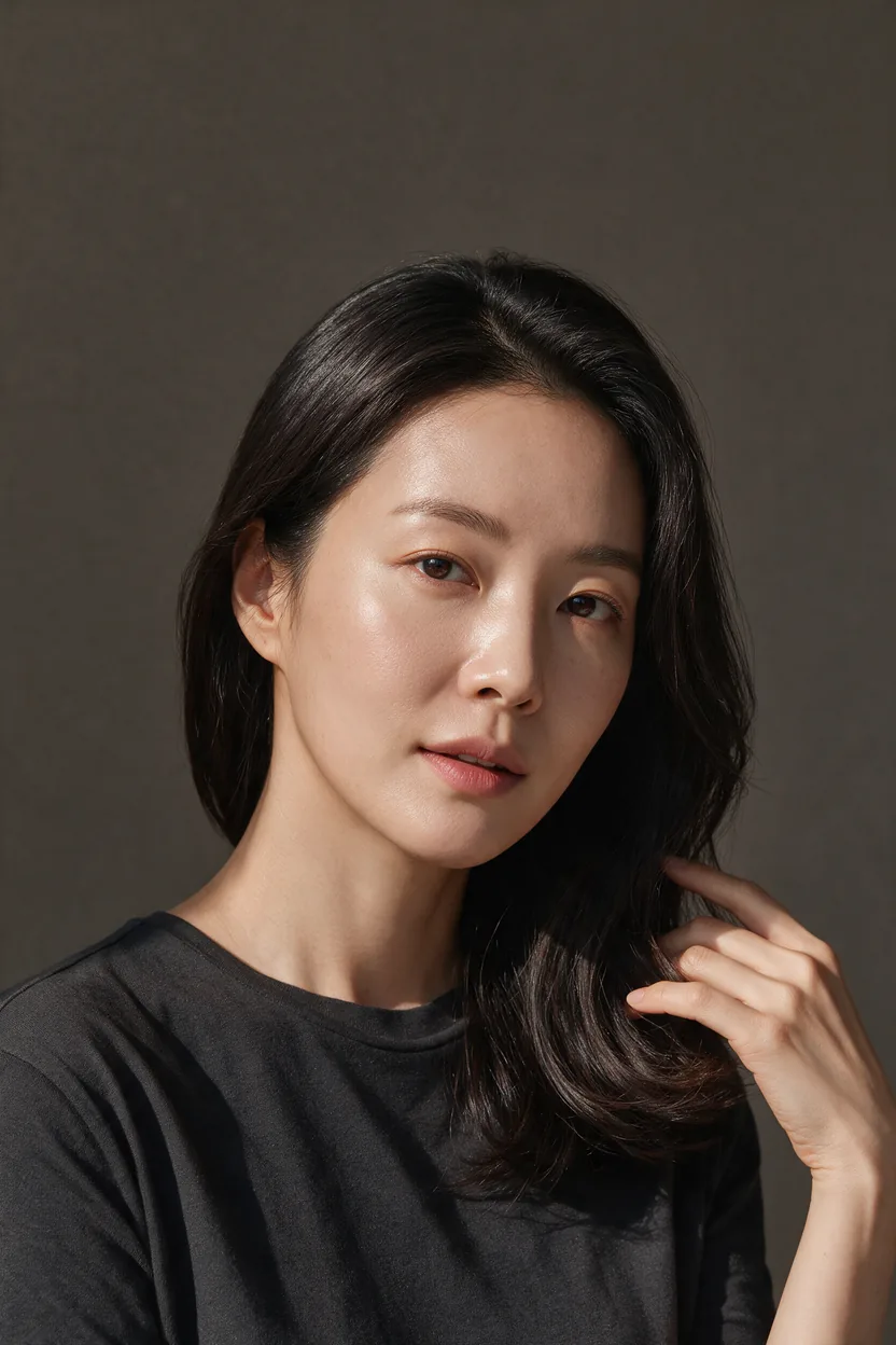 윤기 있는 자연 모발과 실제 피부결을 부드러운 측면광으로 표현한 한국인 성인 여성의 뷰티 이미지