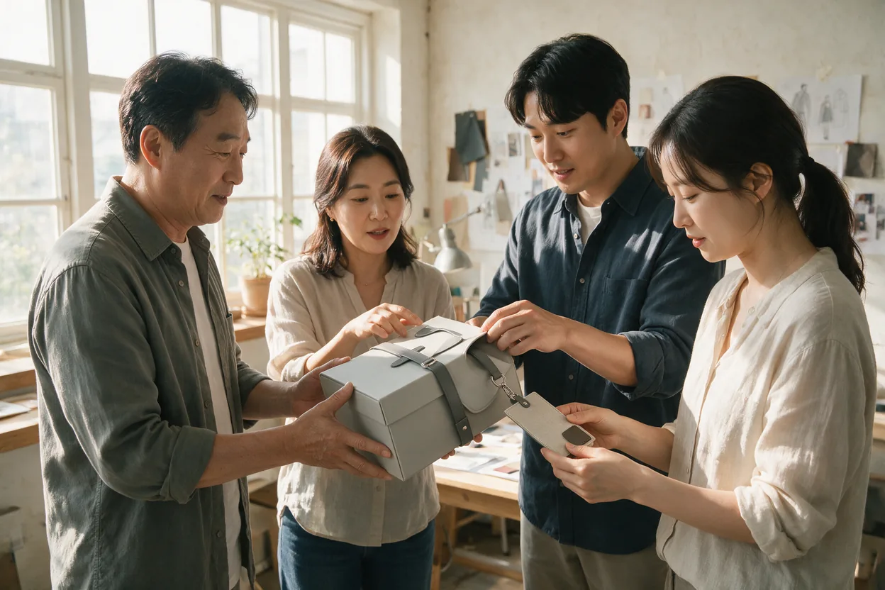 밝은 작업실에서 제품 샘플을 함께 검토하는 한국인 성인 창업자와 세 명의 제작팀을 촬영한 브랜드 이미지