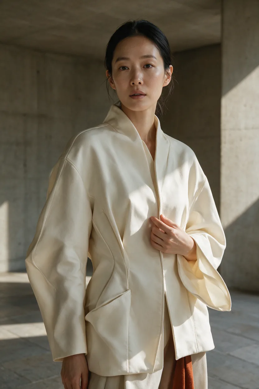 구조적인 아이보리 의상을 입은 한국인 성인 여성을 영화적 자연광으로 촬영한 패션 에디토리얼