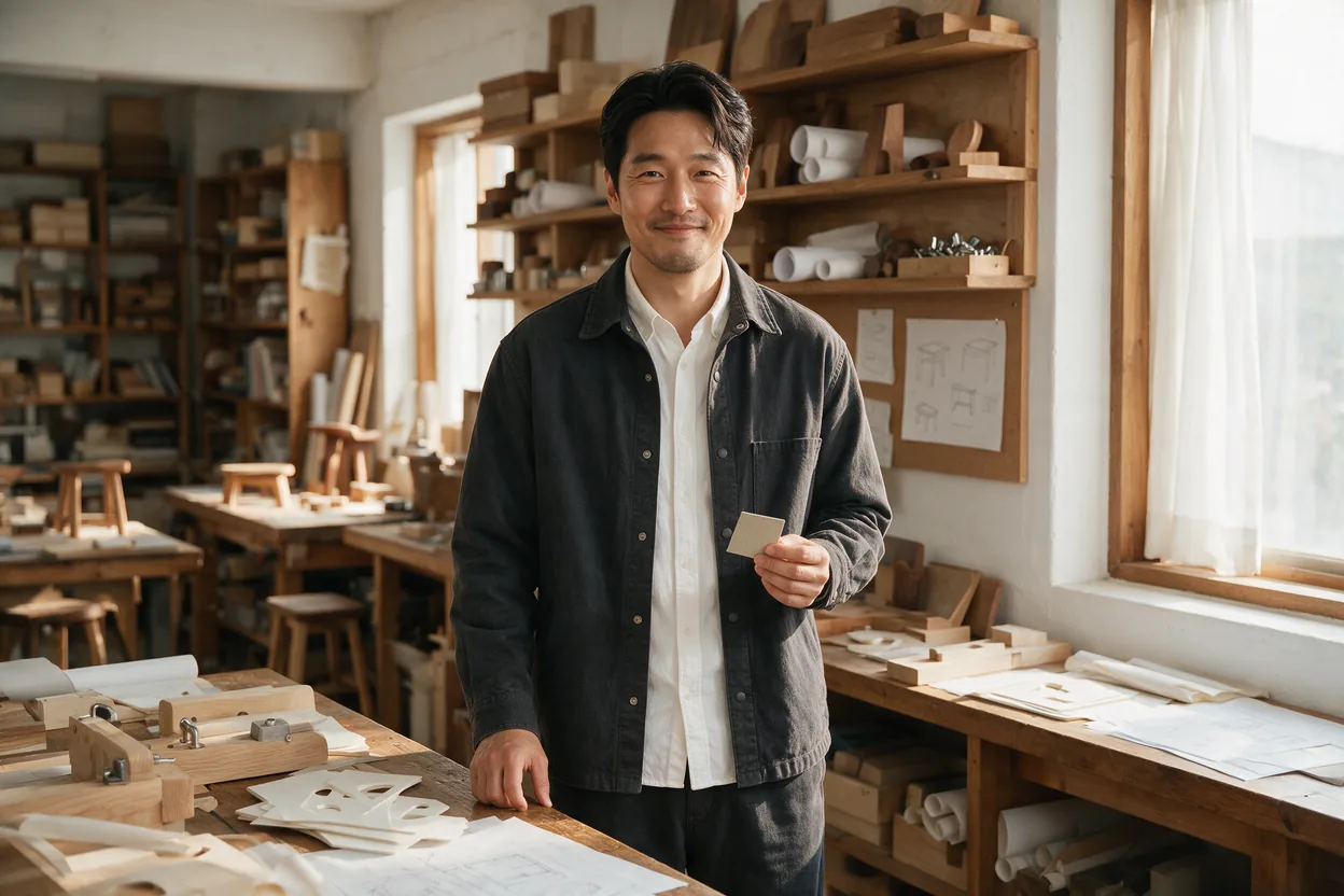 목재와 금속 샘플이 놓인 작업실에서 자연스럽게 서 있는 한국인 성인 남성 창작자의 브랜드 포트레이트
