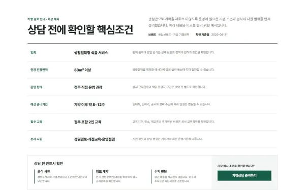가맹 검토 핵심조건 요약형 블록 화면