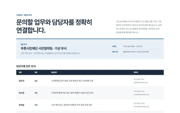 부서 담당자·업무 안내 블록 화면