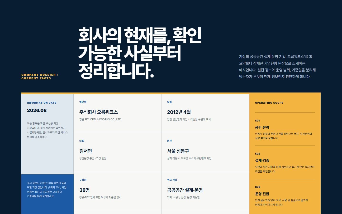 회사개요 팩트 원장 블록 화면