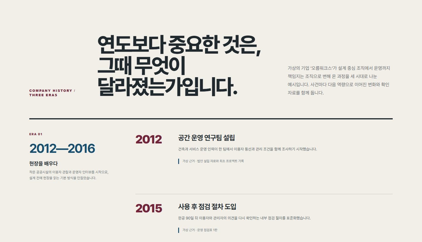 시대별 회사 연혁 아카이브 블록 화면