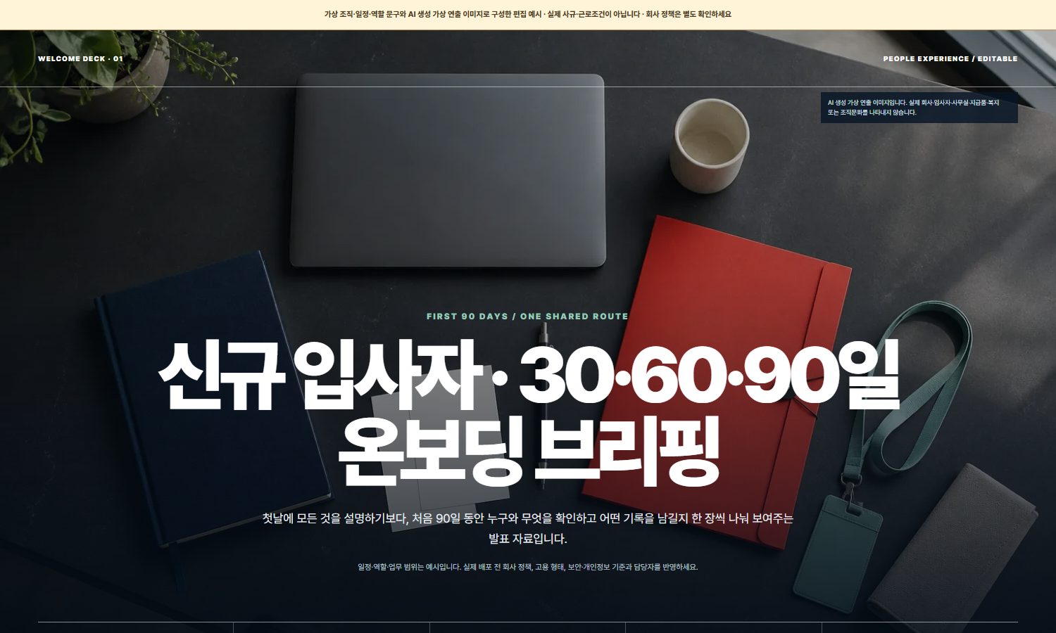 신규 입사자 · 30·60·90일 온보딩 브리핑 블록 화면