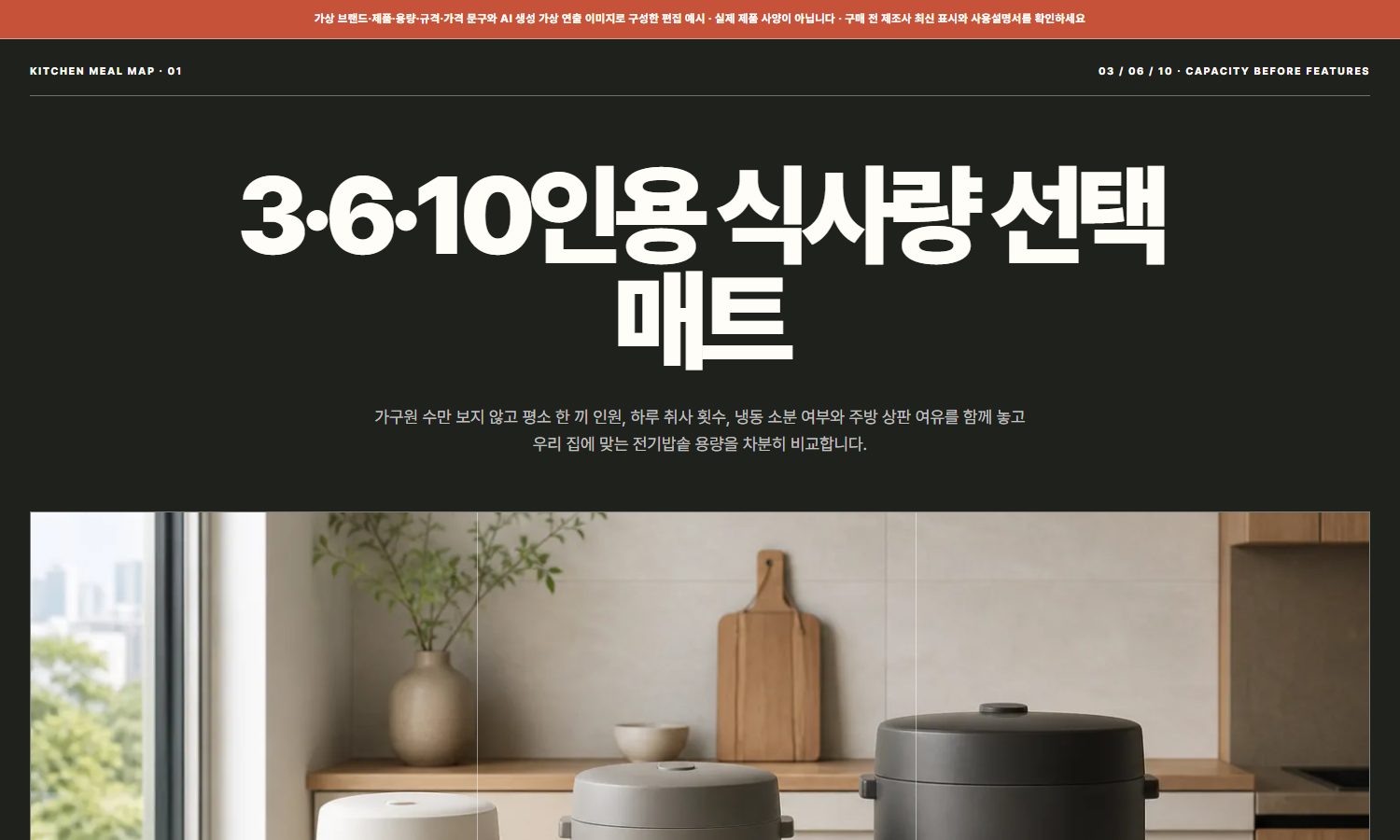 전기밥솥 · 3·6·10인용 식사량 선택 매트 블록 화면