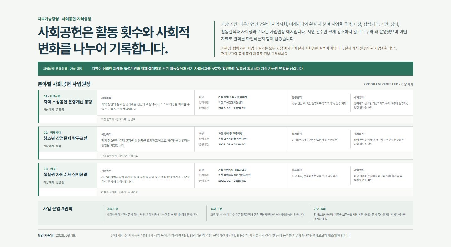 사회공헌·지역상생 사업원장 블록 화면