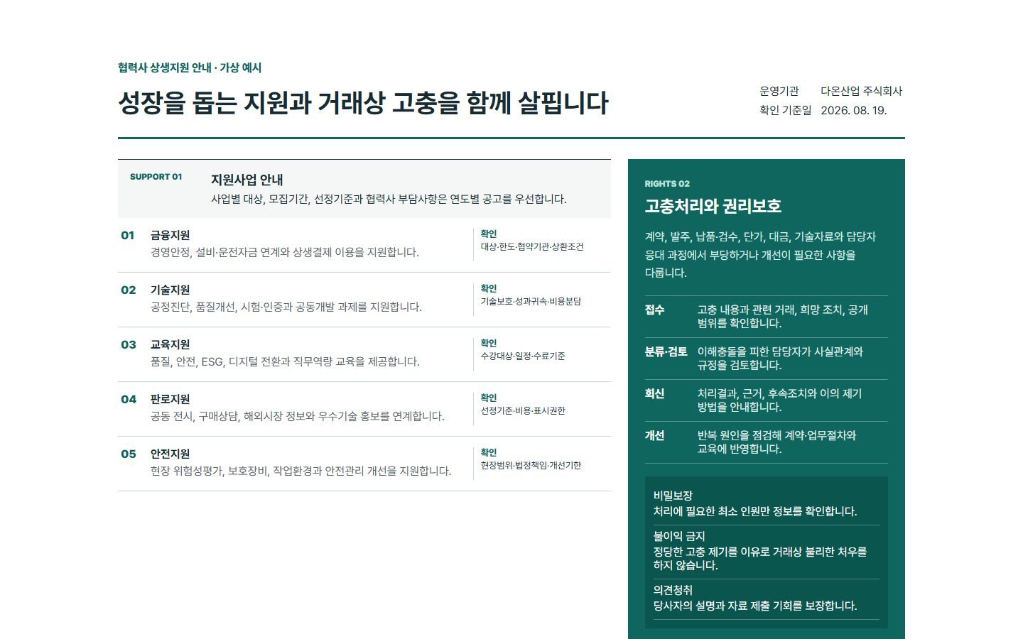협력사 지원사업·고충처리 블록 화면