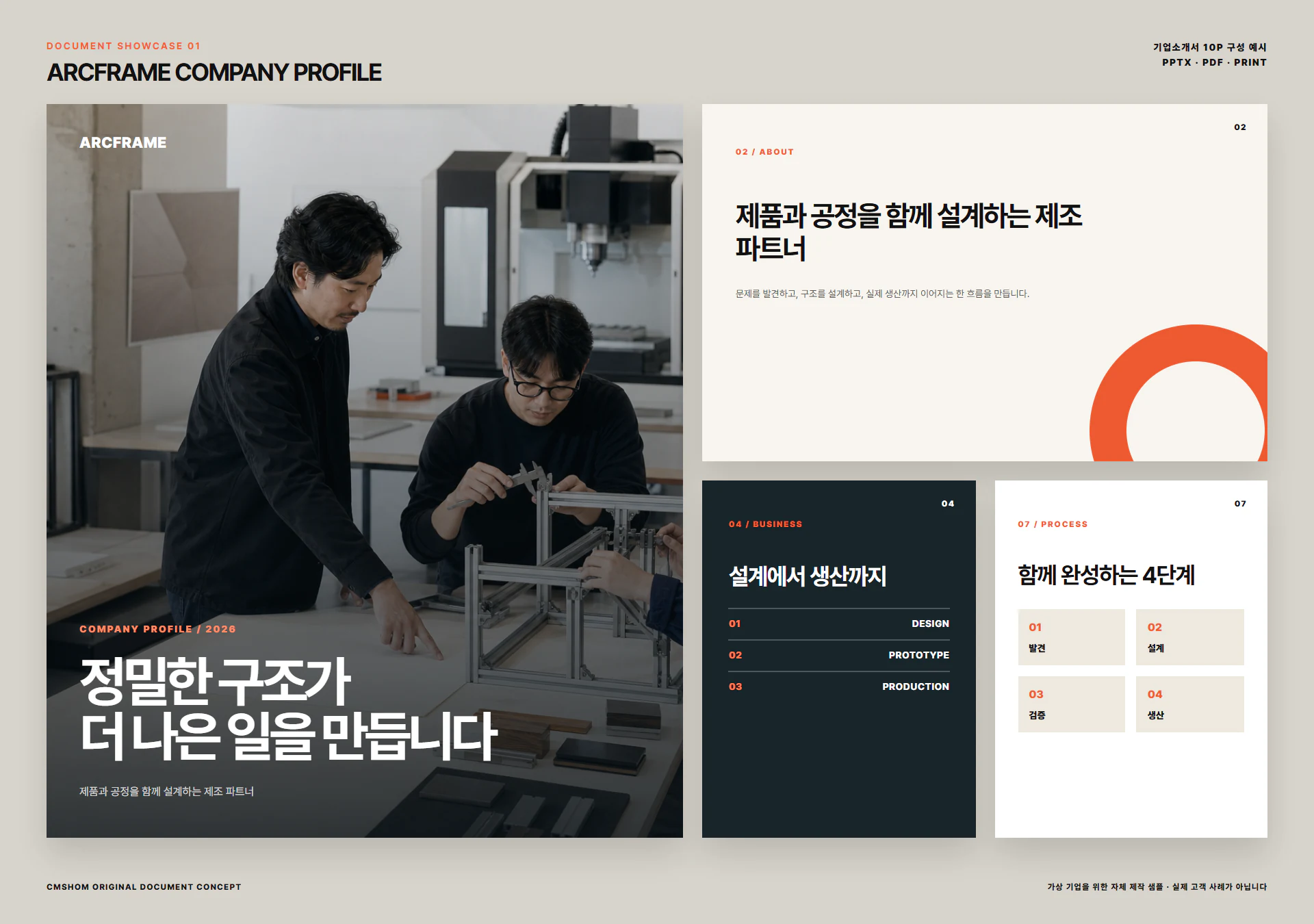 회사 자료를 소개서와 웹 문서 형식으로 정리한 가상 결과 보드