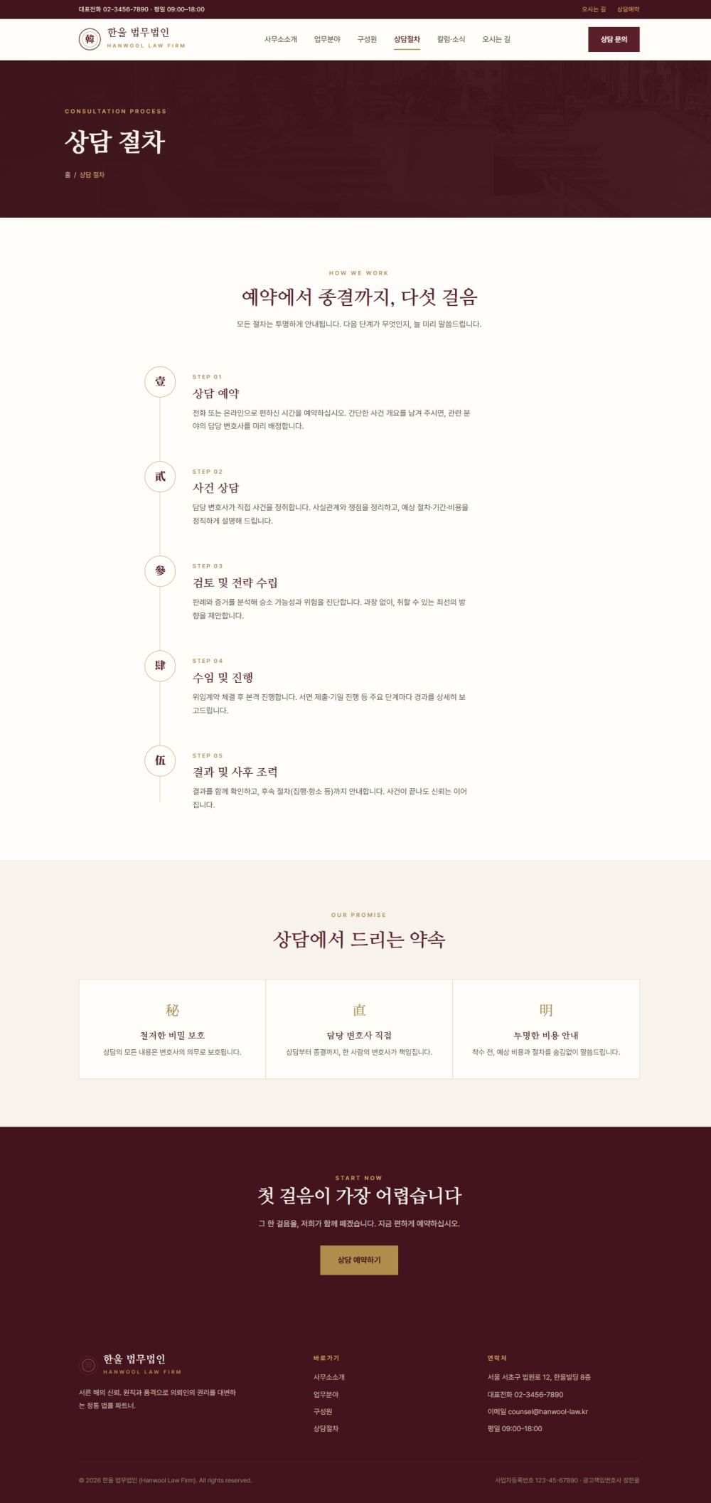 HANWOOL — 법률/세무 멀티페이지 (클래식 격식) — 상담절차