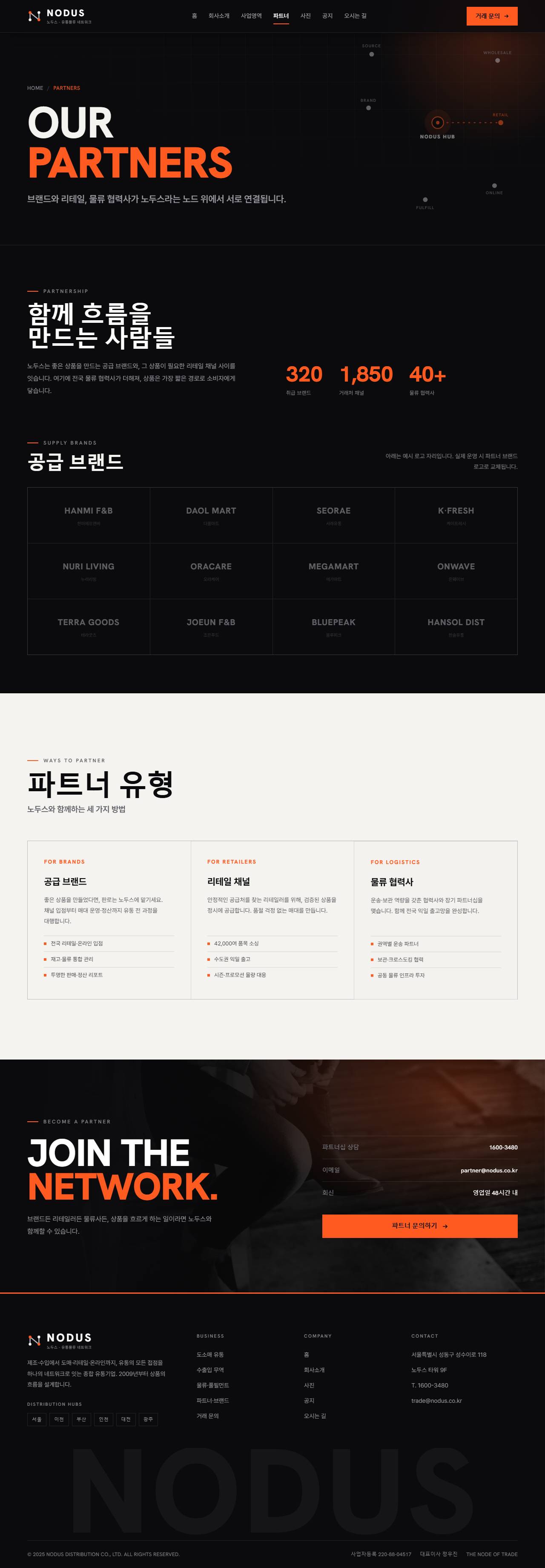 NODUS 노두스 — 유통·물류 (잉크블랙 편집형+오렌지) — 파트너